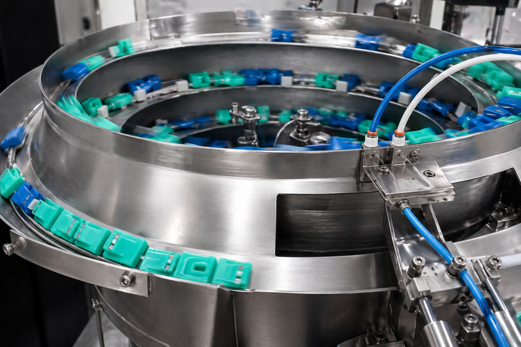 Floss cases move inside a stainless steel bowl feeder. The system sorts them by size using a vibratory feeder controller from Kathir Sudhir Automation India Pvt Ltd.