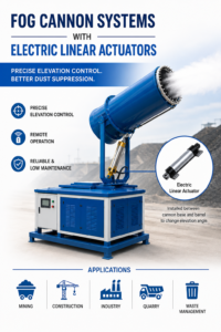 Fog Cannon Systems with Electric Linear Actuators for Precise Elevation Control