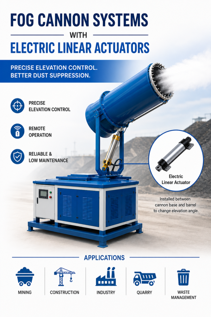 Fog Cannon Systems with Electric Linear Actuators for Precise Elevation Control